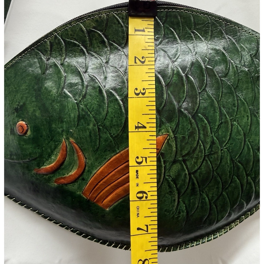 Vintage Hand Tooled Large Leather Fish Purse & Matching Coin Mexican Folk Art - Picture 13 of 16